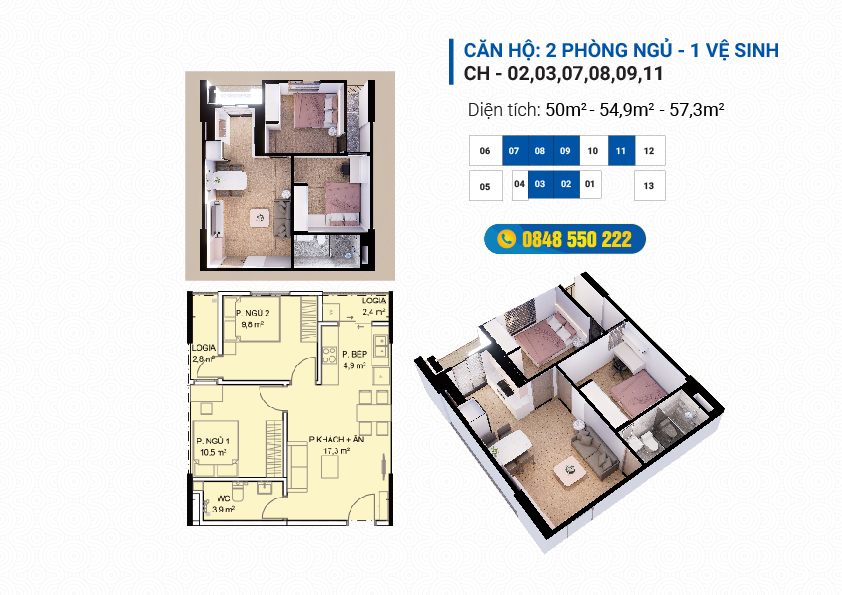 Mặt bằng 2D căn hộ 2 phòng ngủ 1WC Việt Hàn Capital