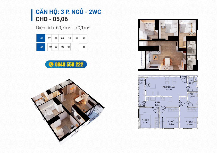 Mặt bằng 2D căn hộ 3 phòng ngủ NOXH Việt Hàn Capital