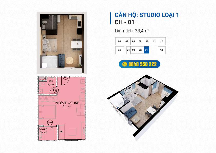 Mặt bằng 2D căn hộ studio 31.8m² NOXH Việt Hàn Capital