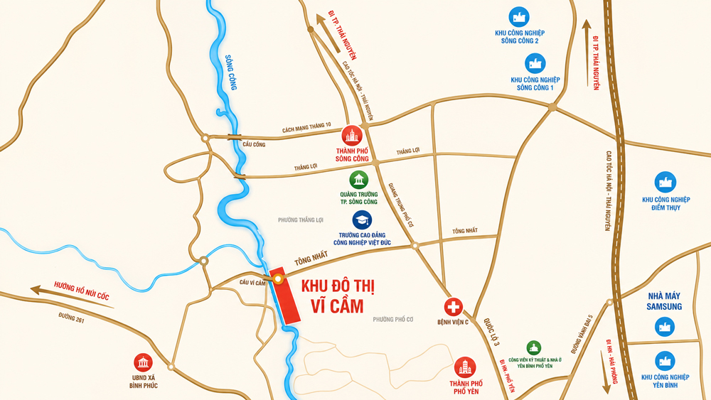 Bản đồ vị trí dự án Khu đô thị Vĩ Cầm phường Sông Công Thái Nguyên