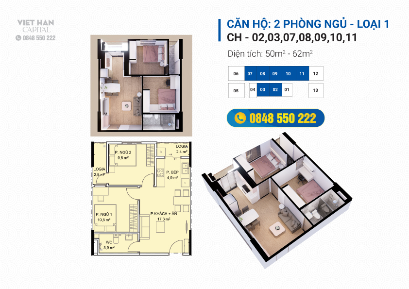 Thiết kế căn hộ 2 phòng ngủ loại 1 nhà ở xã hội việt hàn capital