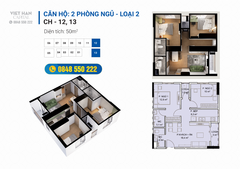 Thiết kế căn hộ 2 phòng ngủ loại 2 nhà ở xã hội việt hàn capital