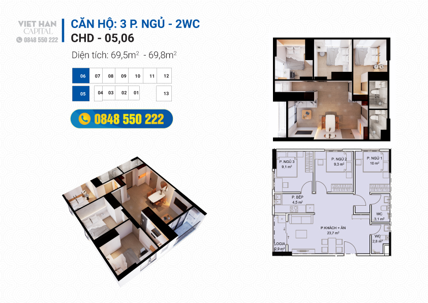 Thiết kế căn hộ 3 phòng ngủ nhà ở xã hội việt hàn capital