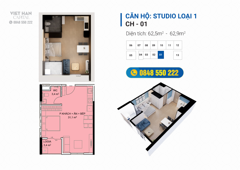 Thiết kế căn hộ Studio loại 1 nhà ở xã hội việt hàn capital