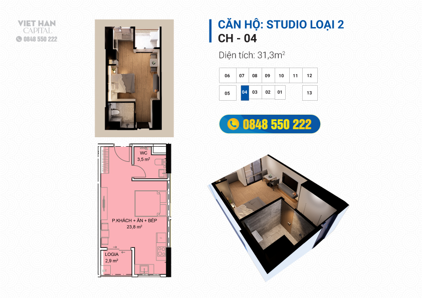Thiết kế căn hộ Studio loại 2 nhà ở xã hội việt hàn capital