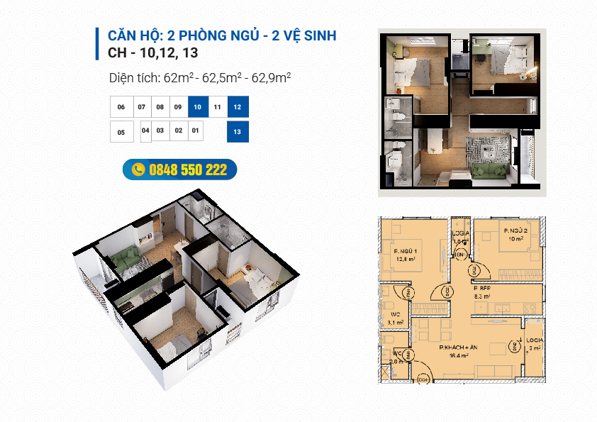 căn hộ 2 ngủ 2 wc NOXH Việt Hàn Capital