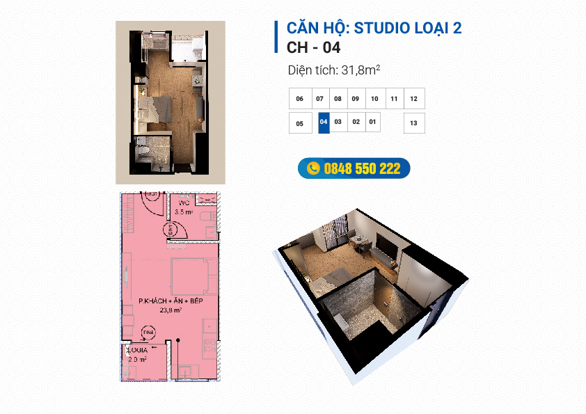 Thiết kế căn hộ Studio diện tích 31.3m2 dự án NOXH Việt Hàn Capital