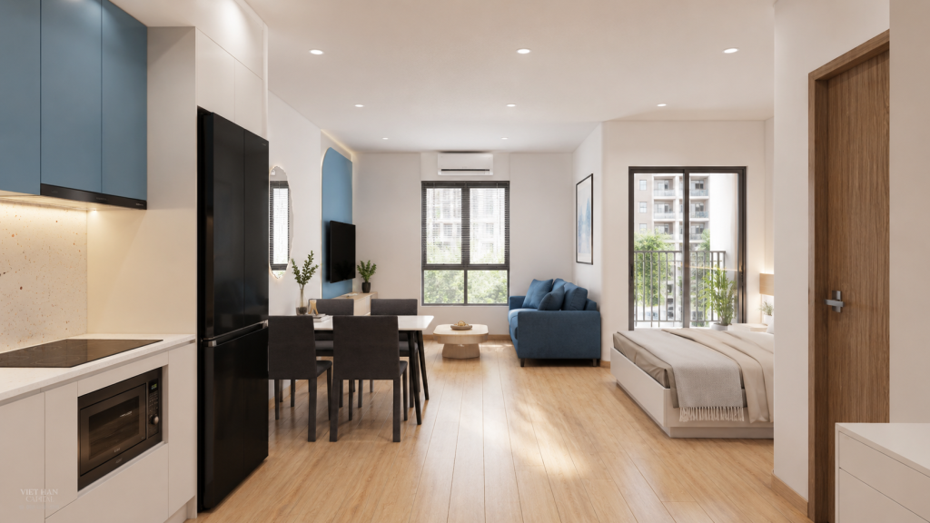 Phối cảnh căn hộ Studio NOXH Việt Hàn Capital, nhìn từ phía bếp ra phòng ngủ