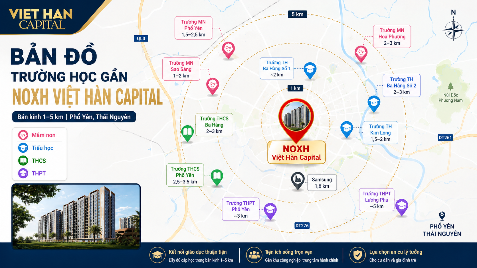 Bản đồ trường học gần Nhà ở xã hội Việt Hàn Capital Phổ Yên Thái Nguyên