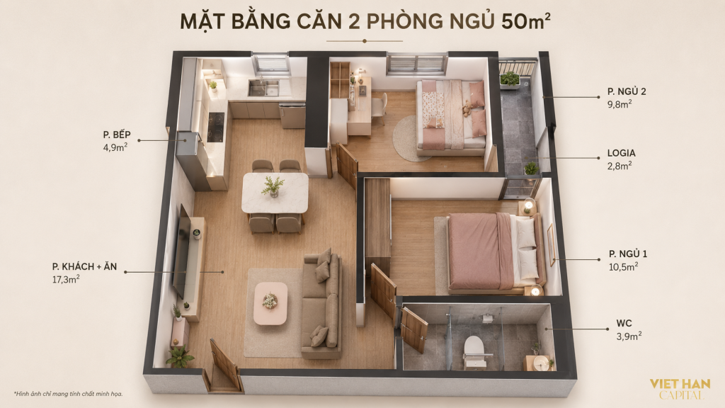 Mặt bằng căn hộ 2 phòng ngủ 50m² NOXH Việt Hàn Capital - bố cục phòng khách, bếp, 2 phòng ngủ, WC