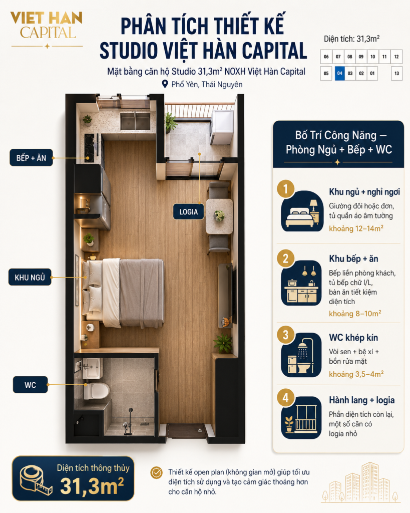 Mặt bằng studio 31m² Việt Hàn Capital Phổ Yên Thái Nguyên
