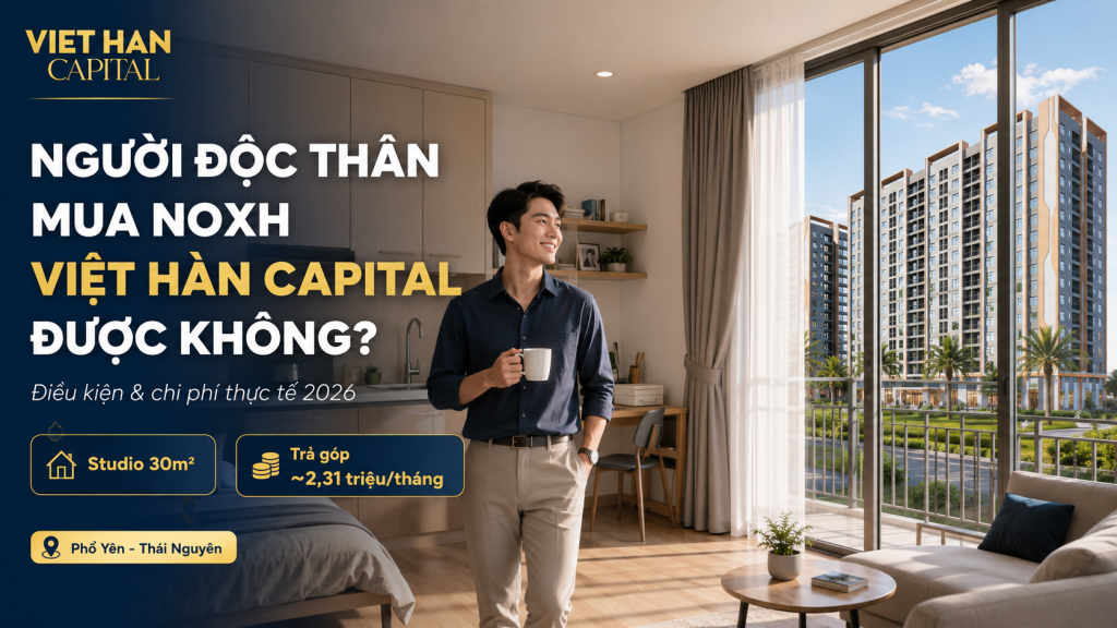 Người trẻ độc thân đứng trước căn Studio thoáng sáng tại NOXH Việt Hàn Capital, Phổ Yên, Thái Nguyên