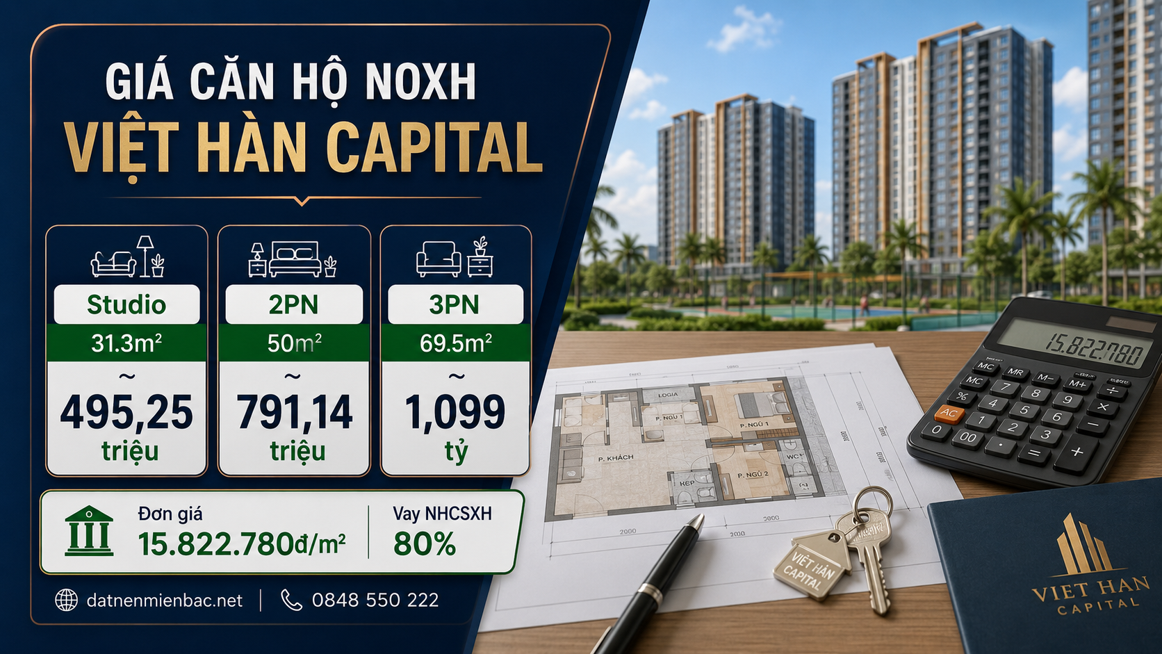 ảng tính giá căn hộ NOXH Việt Hàn Capital Studio 31.3m², 2PN 50m², 3PN 69.5m² tại Phổ Yên