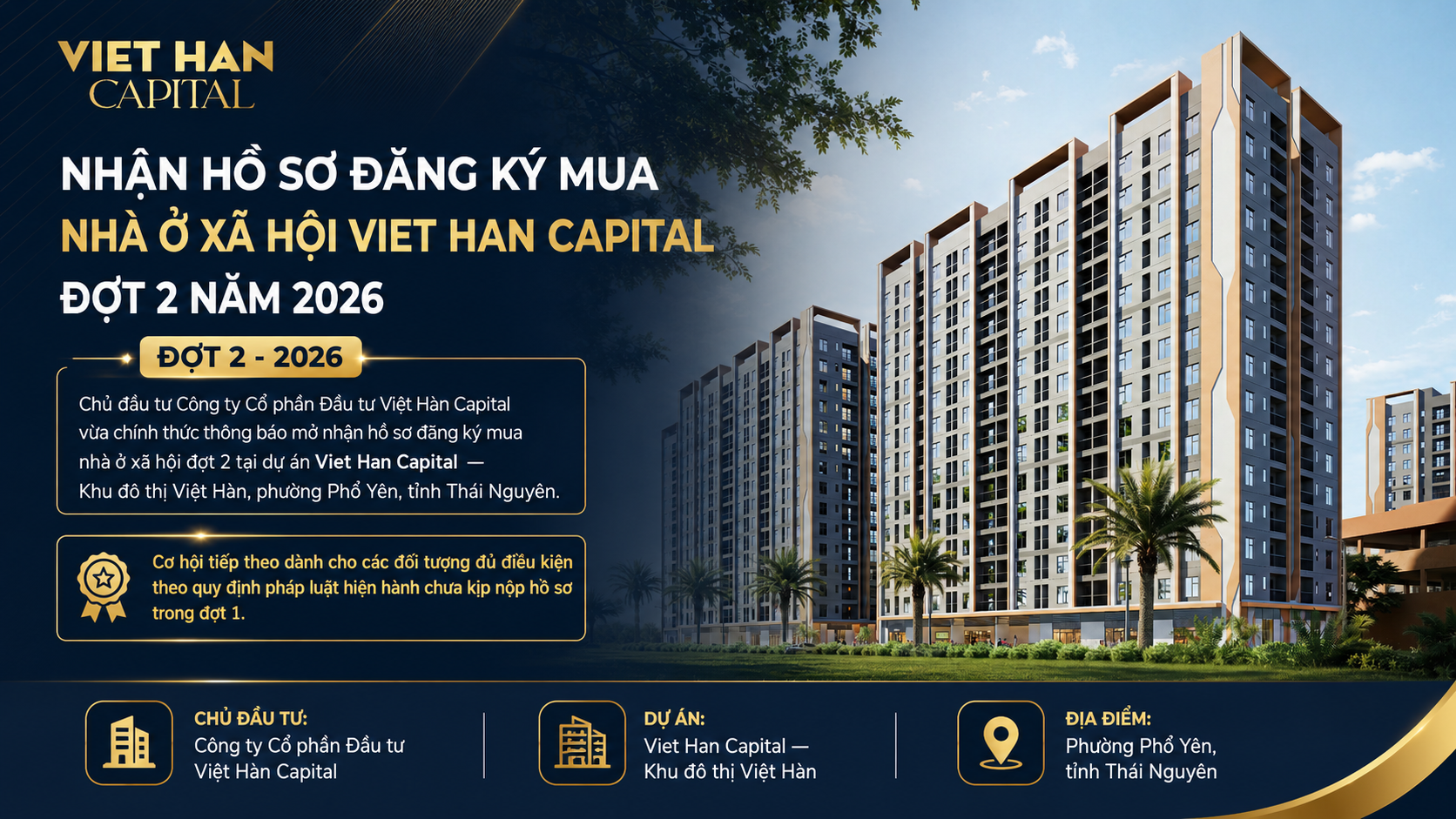 Nhận hồ sơ đợt 2 mua nhà ở xã hội Việt Hàn Capital Phổ Yên Thái Nguyên