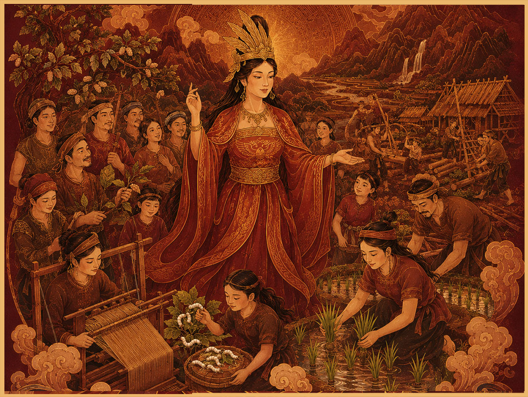 Tranh minh họa Mẹ dạy dân cấy lúa, dệt vải