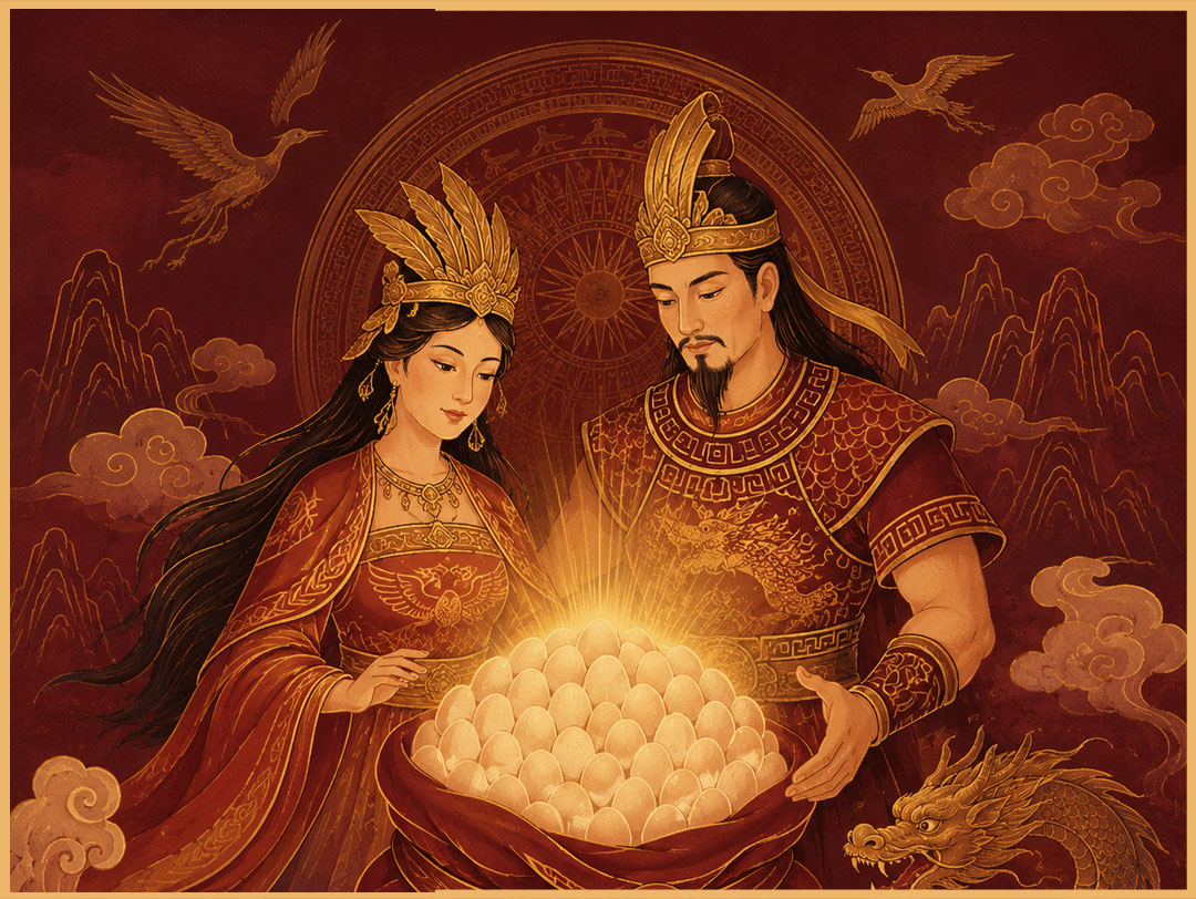 Tranh minh họa Âu Cơ - Lạc Long Quân, bọc trăm trứng