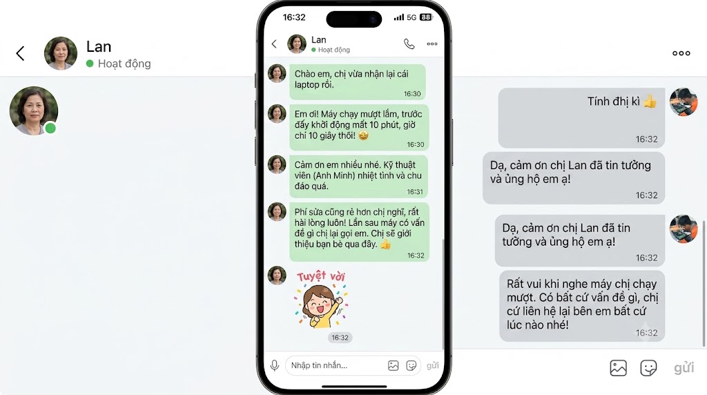 Phản hồi tin nhắn Zalo của khách hàng sau khi sửa máy tính tại nhà