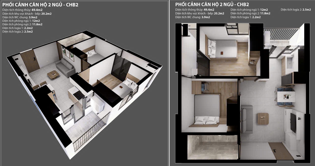 Thiết kế Căn hộ 2PN 1WC (Mẫu 2) NOXH An Phú Phổ Yên