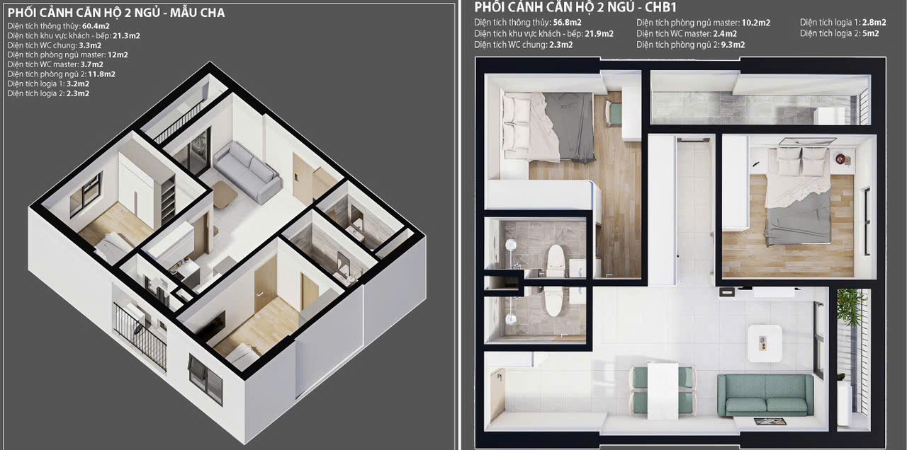 Thiết kế Căn hộ 2PN 2WC (Mẫu 3) NOXH An Phú Phổ Yên