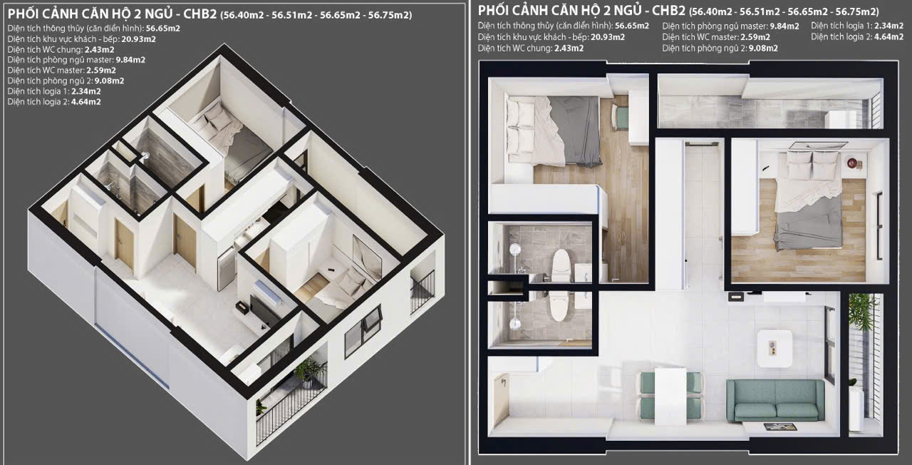 Thiết kế Căn hộ 2PN 2WC NOXH An Phú Phổ Yên