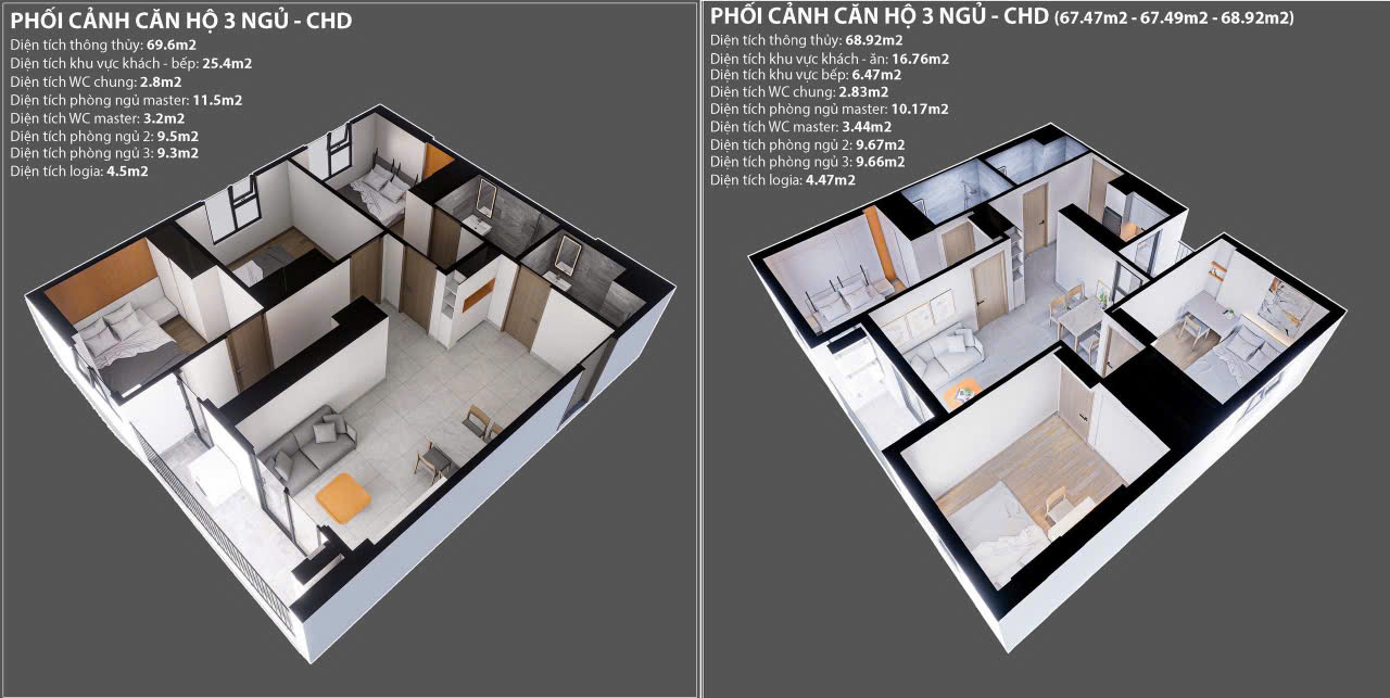 Thiết kế Căn hộ 3PN 2WC (Mẫu 1) NOXH An Phú Phổ Yên
