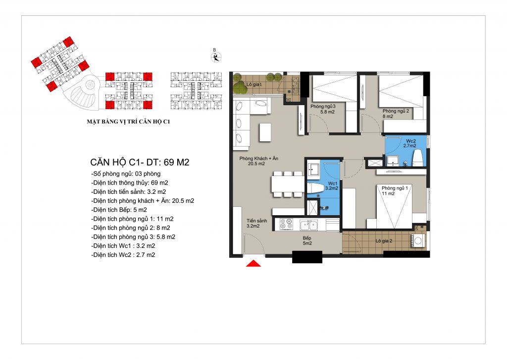 Thiết kế căn hộ mẫu C1 Hateco Apollo Xuân Phương