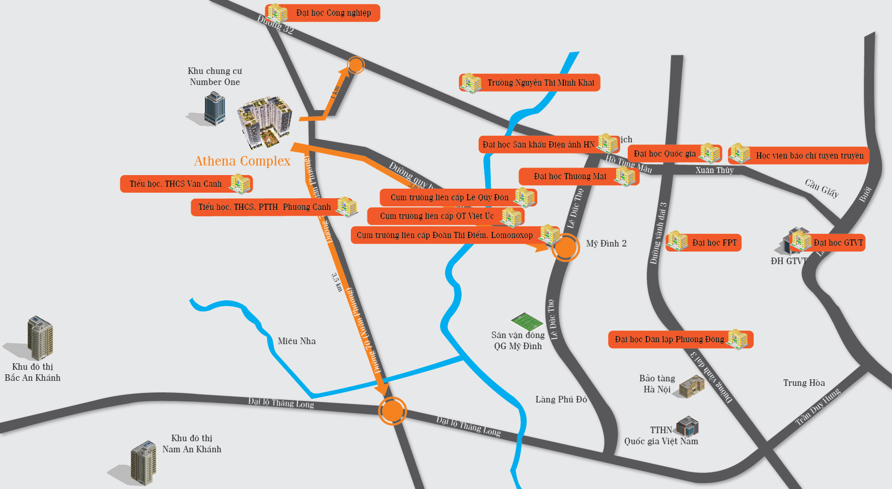 Bản đồ vị trí kết nối chung cư Athena Complex Xuân Phương trên đường Trần Hữu Dực