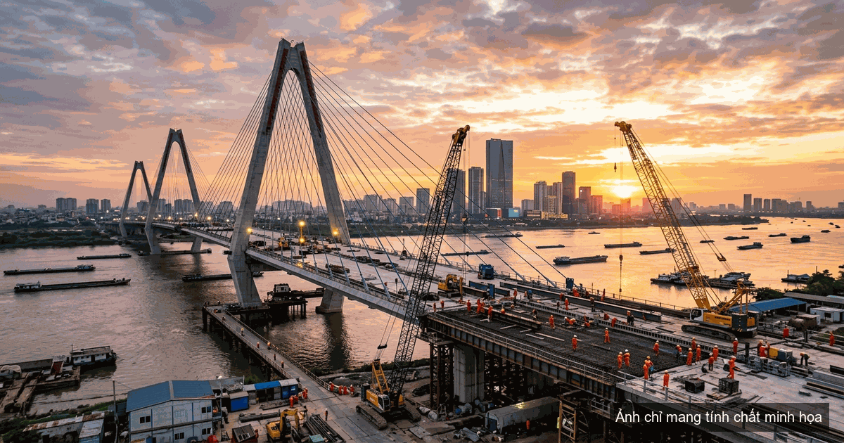 Công trường thi công dự án cầu Tứ Liên vượt sông Hồng kết nối Tây Hồ và Đông Anh