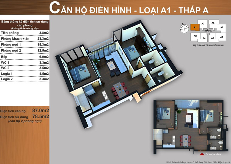Thiết kế căn hộ A1 2 phòng ngủ 87,0 m² tháp A Sun Square