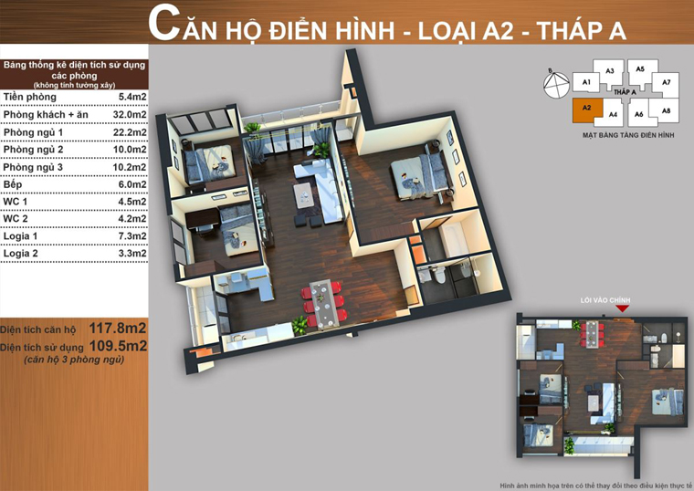 Thiết kế căn hộ A2 3 phòng ngủ 117,8 m² tháp A Sun Square