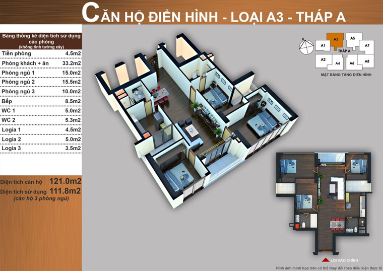 Thiết kế căn hộ A3 3 phòng ngủ 121,0 m² tháp A Sun Square