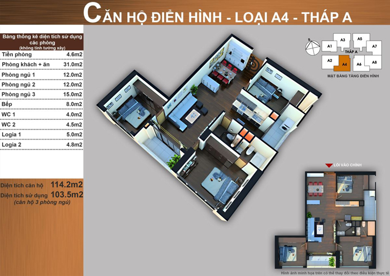 Thiết kế căn hộ A4 3 phòng ngủ 114,2 m² tháp A Sun Square