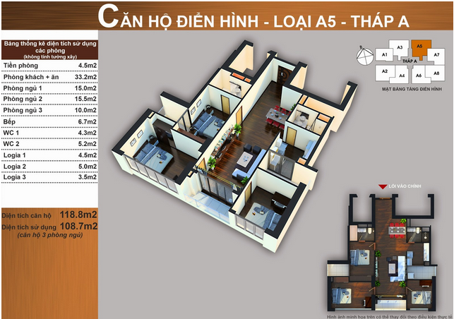 Thiết kế căn hộ A5 3 phòng ngủ 118,8 m² tháp A Sun Square