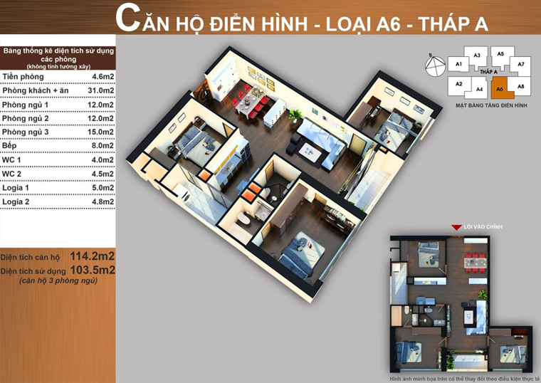 Thiết kế căn hộ A6 3 phòng ngủ 114,2 m² tháp A Sun Square