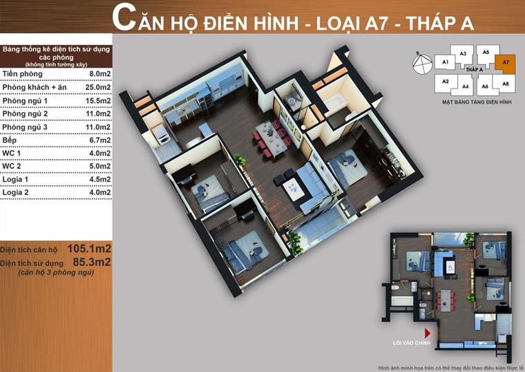 Thiết kế căn hộ A7 3 phòng ngủ 105,1 m² tháp A Sun Square