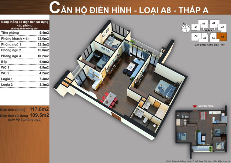 Thiết kế căn hộ A8 3 phòng ngủ 117,8 m² tháp A Sun Square
