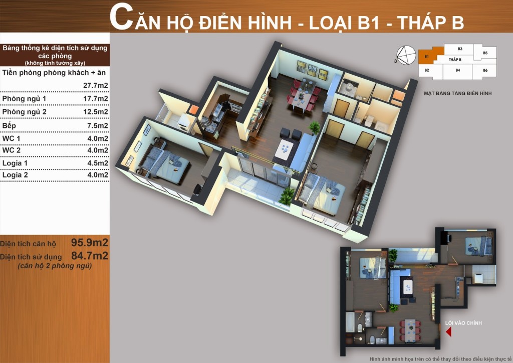 Thiết kế căn hộ B1 2 phòng ngủ 95,9 m² tháp B Sun Square