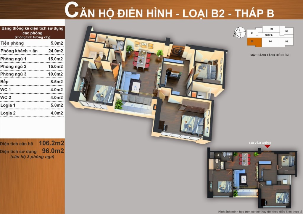 Thiết kế căn hộ B2 3 phòng ngủ 106,2 m² tháp B Sun Square