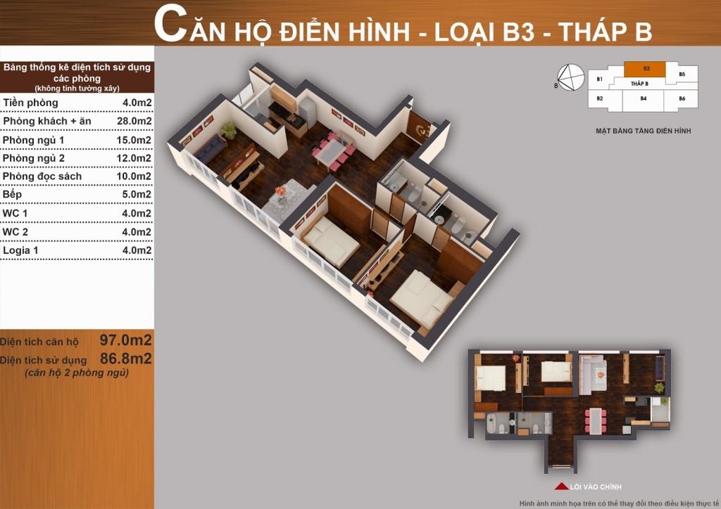 Thiết kế căn hộ B3 2 phòng ngủ 97,0 m² tháp B Sun Square