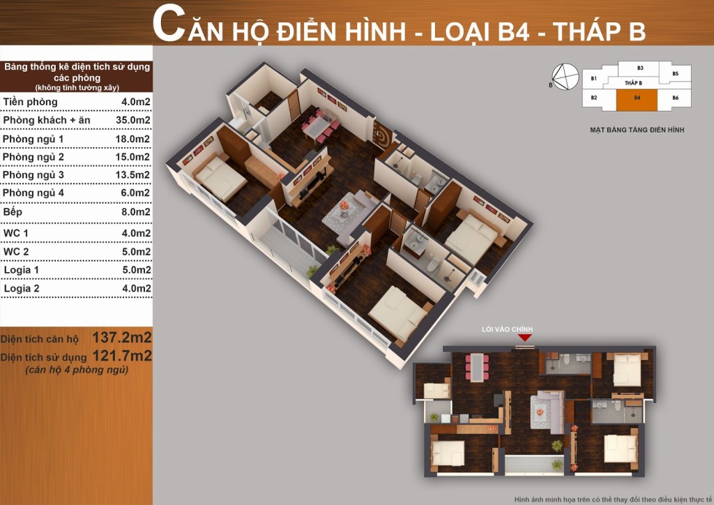 Thiết kế căn hộ B4 4 phòng ngủ 137,2 m² tháp B Sun Square