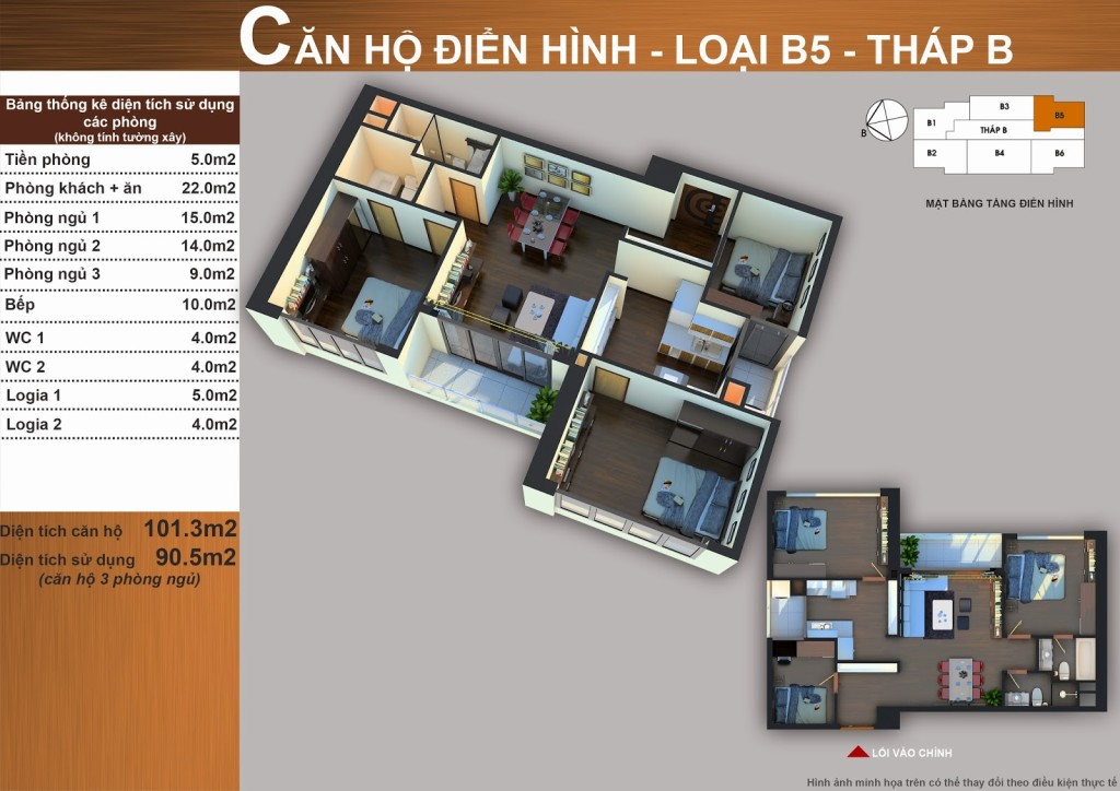 Thiết kế căn hộ B5 3 phòng ngủ 101,3 m² tháp B Sun Square