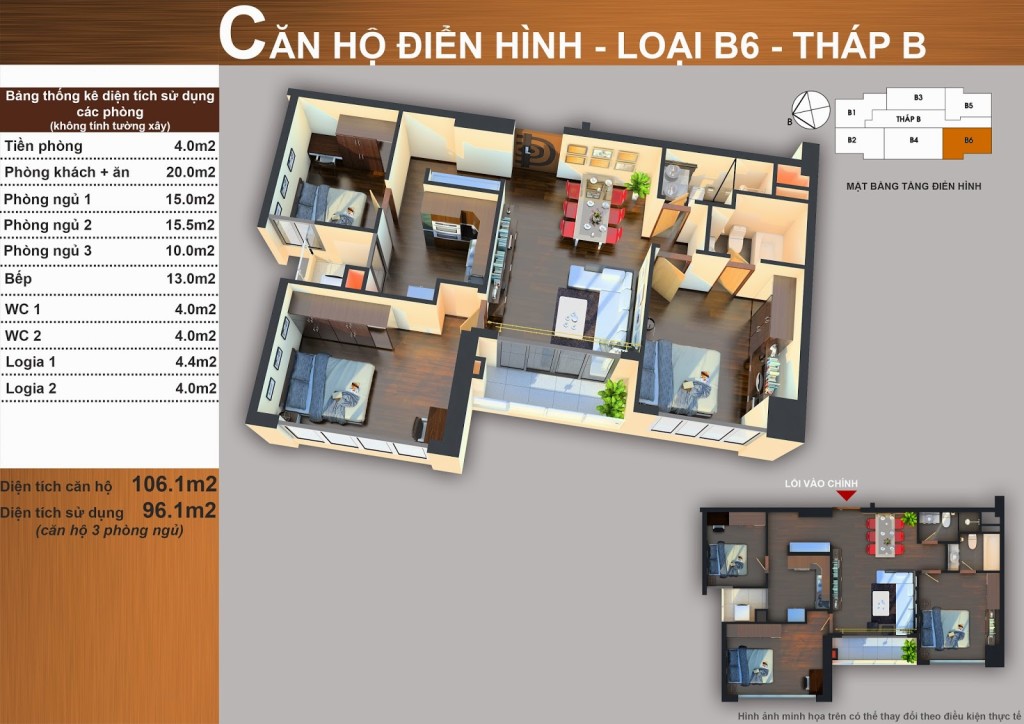 Thiết kế căn hộ B6 3 phòng ngủ 106,1 m² tháp B Sun Square